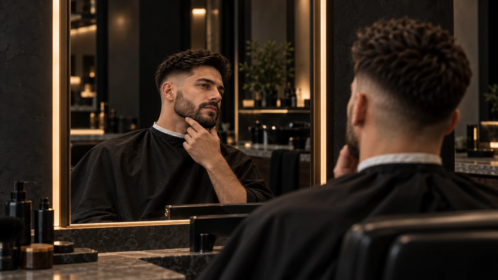 Client inspecting his finished cut in a tall illuminated mirror