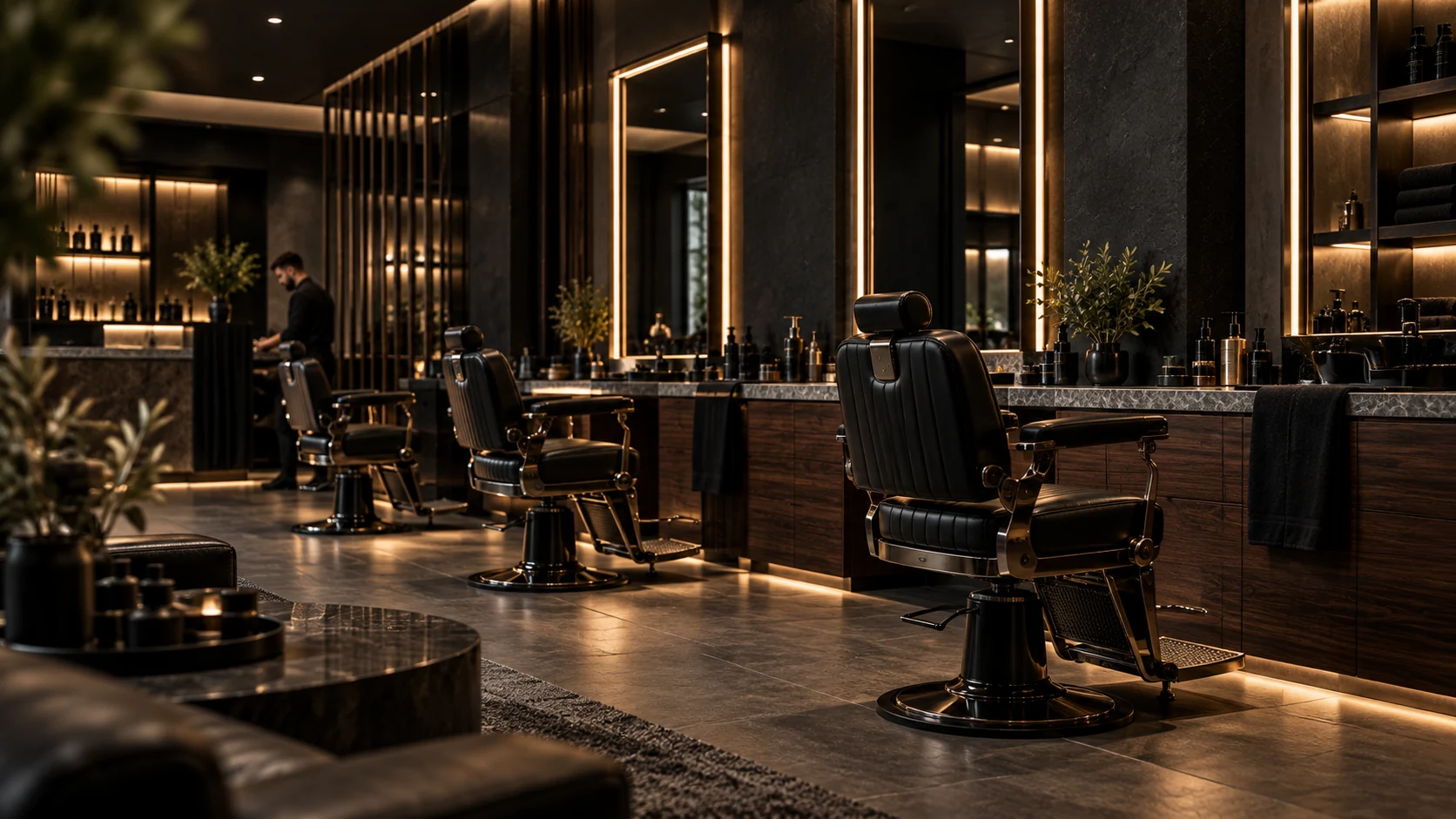 Warm walnut, stone and quiet daylight in a contemporary barber studio